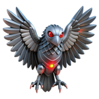 Metal Robotic Bird with Wings A futuristic 3D depiction of a metallic robotic bird with wings, showcasing its advanced design and mechanical features. png