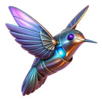 Metallic Hummingbird Robot Art A futuristic 3D depiction of a metallic hummingbird robot, showcasing its advanced design and mechanical features. png