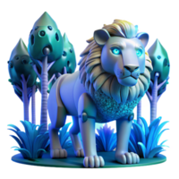 Cybernetic Lion in Fantasy Forest A futuristic 3D depiction of a cybernetic lion in a fantasy forest, blending advanced technology with natural elements. png