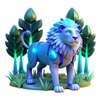 Cybernetic Lion in Nature - A futuristic depiction of a cybernetic lion in a natural setting blending advanced technology with wildlife elements png