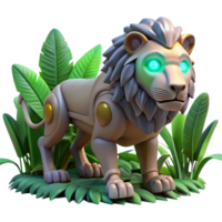 Robotic Lion in Jungle A futuristic 3D depiction of a robotic lion in a jungle, showcasing its advanced design and natural setting. png