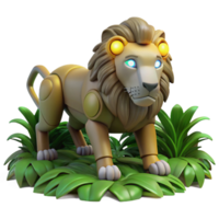 Robotic Lion in Jungle A futuristic lion crafted as a robotic design, navigating the digital jungle with precision. png