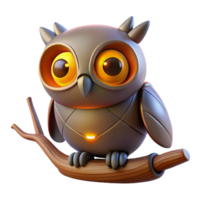 Robotic Owl on Branch A futuristic owl perched on a branch, its feathers glowing with robotic energy in a digital world. png
