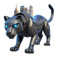 Metallic Panther Robotic Cat A sleek robotic panther prowling through a digital jungle, embodying futuristic design. png
