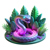Neon Snake in Tropical Scene A vibrant depiction of a snake glowing with neon colors, navigating a tropical scene in a digital world. png
