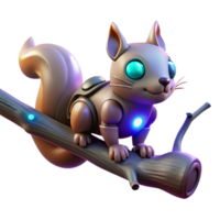 Cyber Squirrel on Branch - A futuristic depiction of a squirrel with cybernetic elements perched on a branch blending advanced technology with natural elements png