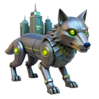 Robotic Wolf City Carrier A futuristic 3D depiction of a robotic wolf city carrier, showcasing its advanced design and mechanical features. png