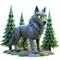 Robotic Wolf in Forest A futuristic 3D depiction of a robotic wolf in a forest, showcasing its advanced design and natural setting. png
