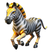 Striped Zebra, Gold Accents, 3D Render A dynamic depiction of a zebra with striped fur and gold accents, captured in a stunning three-dimensional render. png