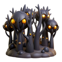 Dark Forest Glowing Eyes A mystical 3D render of a dark forest with glowing eyes, capturing its enchanting presence and magical elements. png