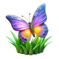 Glowing Butterfly on Grass A luminous 3D depiction of a butterfly on grass, highlighting its glowing features and enchanting presence. png