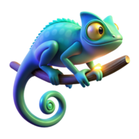 Cute Chameleon on Branch An adorable 3D render of a chameleon on a branch, capturing its playful and endearing nature. png