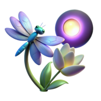 Dragonfly and Moonlit Flower A serene 3D render of a dragonfly resting on a moonlit flower, highlighting its delicate beauty and tranquil setting. png