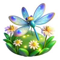Dragonfly Flowers 3D Render A serene scene of a dragonfly navigating a garden of flowers, brought to life in a stunning three-dimensional render. png