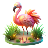 Pink Flamingo in Lush Grass A serene depiction of a flamingo navigating a field of lush grass, captured in a stunning three-dimensional render. png