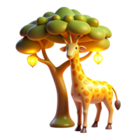 Cute Giraffe Under Illuminated Tree An adorable giraffe navigating a world of illuminated trees, captured in a whimsical three-dimensional render. png