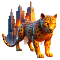 Jungle Cat in the City A dynamic 3D depiction of a jungle cat in an urban setting, blending wildlife with city life. png