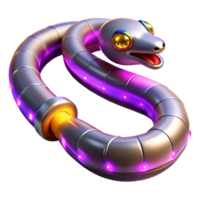 Metallic Snake Robot, Glowing Lights A futuristic snake robot crafted from metal, its body adorned with glowing lights. png