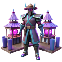 Mystic Warrior Pagoda Scene A mystical 3D render of a warrior and pagoda scene, capturing their enchanting presence and magical elements. png