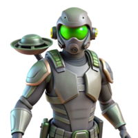 Futuristic Soldier with Flying Disc A dynamic depiction of a soldier navigating a world with a flying disc, ready for battle in a digital world. png