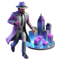 Cityscape Chase 3D Detective Adventure A dynamic 3D render of a cityscape chase with a detective, capturing the essence of adventure and modern design. png