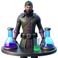 Mysterious Scientist Lab Experiments A captivating 3D render of a scientist conducting mysterious lab experiments, blending science with intrigue. png