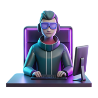 Gamer in Neon-Lit Setup A dynamic depiction of a gamer navigating a world of neon lights, capturing the essence of gaming in a digital world. png