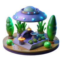 UFO Garden Scene A whimsical 3D render of a UFO garden scene, capturing the essence of extraterrestrial adventure and playful design. png