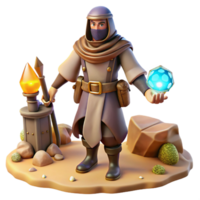 Mystic 3D Render Sorcerer Crystal A mystical 3D render of a sorcerer with a crystal, capturing his enchanting presence and magical elements. png