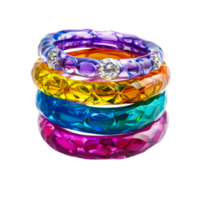 Stack of colorful translucent plastic bracelets with a glossy finish symbolizing fashion and the playful vibrance of trendy accessories png