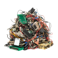 Pile of tangled electronic waste with wires and circuit boards symbolizing technology and the growing impact of digital consumption png