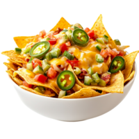 Crispy nachos topped with melted cheese and fresh salsa in a white bowl represent spice indulgence and the ultimate snack for sharing with friends png