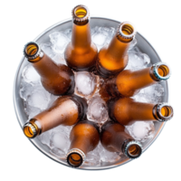 Chilled beer bottles arranged in a circle over crushed ice represent refreshment relaxation and the perfect way to enjoy a cold beverage png