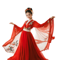 Woman in a flowing red traditional Chinese dress with embroidered details represents grace culture and the timeless elegance of historical fashion png