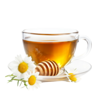 Warm cup of chamomile tea with honey and flowers symbolizing relaxation and the soothing benefits of natural herbal remedies png