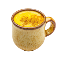 Steaming cup of golden turmeric latte in a rustic mug symbolizing warmth and the comforting embrace of a spiced beverage png