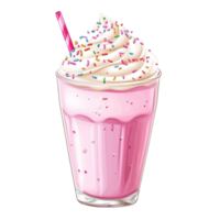 Creamy pink milkshake in a tall glass with whipped cream and colorful sprinkles symbolizes sweetness indulgence and the joy of delightful treats png