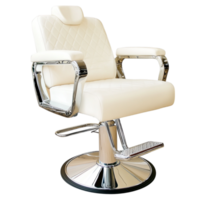 White leather barber chair with chrome armrests and a comfortable cushioned seat symbolizing grooming relaxation and the timeless elegance of classic salons png