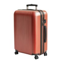 Durable red rolling suitcase with a hardshell exterior and a telescopic handle ensuring secure travel storage with a stylish and professional look png