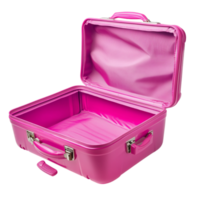 Vibrant pink open suitcase with a sleek hardshell design and silver locks ready to carry essentials for an exciting travel adventure or getaway png