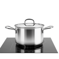 Stainless steel cooking pot with a reflective lid placed on an induction stove symbolizing culinary expertise efficiency and the timeless of home cooking png