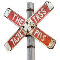 Rustic railroad crossing sign with faded red lettering and a weathered wooden frame symbolizes history caution and the nostalgic essence of vintage railway culture png