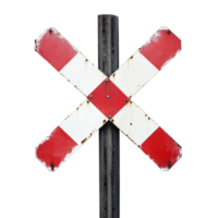 Rustic red and white railroad crossing sign with weathered symbolizing caution safety and the important role of signage in preventing accidents on the tracks png