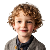 Smiling young boy with curly brown hair symbolizing innocence happiness and the pure joy of childhood with a warm and friendly expression png