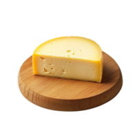 Wheel of cheese on a wooden board with smooth yellow rind symbolizing gourmet flavorsisanal craftsmanship and the delight of savory indulgence png