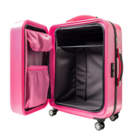 Bright pink suitcase standing open with spacious compartments symbolizing travel organization and the excitement of adventurous journeys png