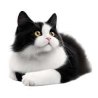 Black and white cat lying down with alert eyes symbolizing elegance curiosity and the playful yet mysterious nature of feline companions png