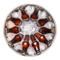 Ice bucket filled with glass beer bottles and sparkling ice cubes symbolizing refreshing beverages cool gatherings and the essence of celebrations png
