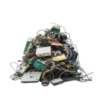 Pile of electronic waste consisting of tangled wires old circuit boards and broken devices representing technology waste recycling and the environmental impact of discarded digital components png