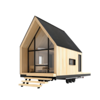 Tiny house with a modern wooden exterior featuring large windows and a slanted roof representing sustainability minimalism and the growing trend of compact living spaces designed for efficiency png